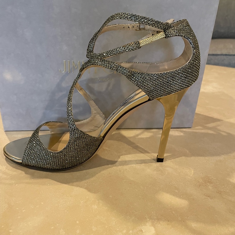 JIMMY CHOO Lang Lame Glitter Light Bronze Shoe Sandal Size 10.5 Very Good